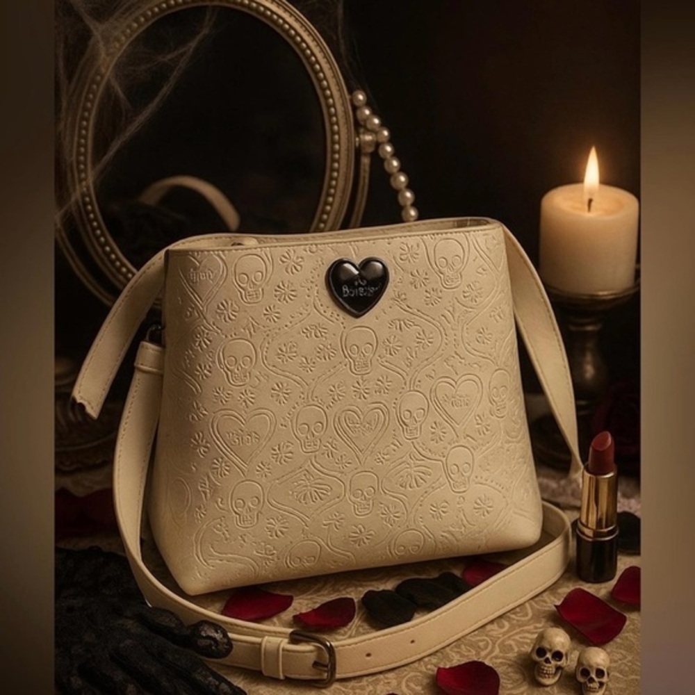 Betsey Johnson XO Skull Embossed Crossbody Bag Cream Heart Logo NWT